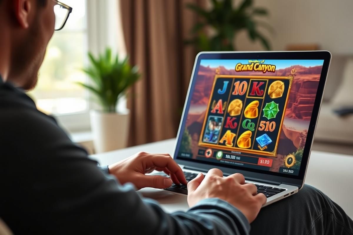 Player engaged with Wonders of Grand Canyon slot game on a laptop in a modern home setting.