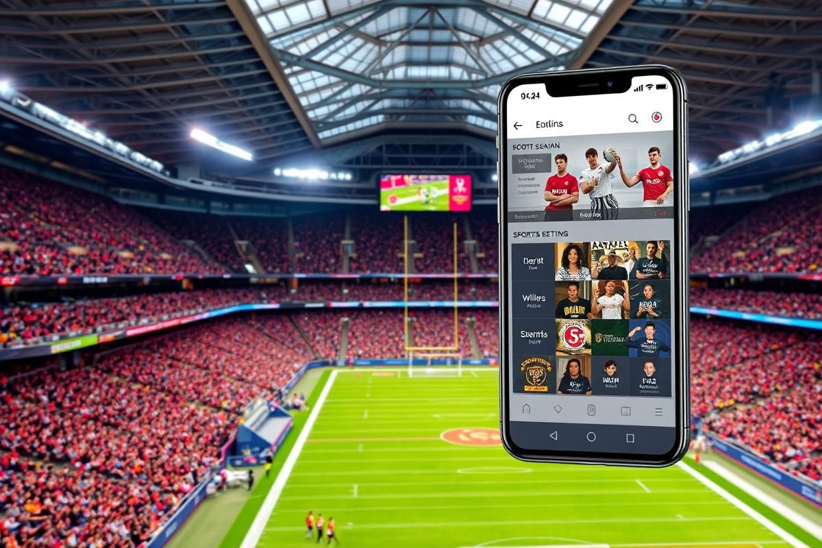 Sports stadium filled with fans and an overlay of a mobile sports betting app in Georgia, USA.
