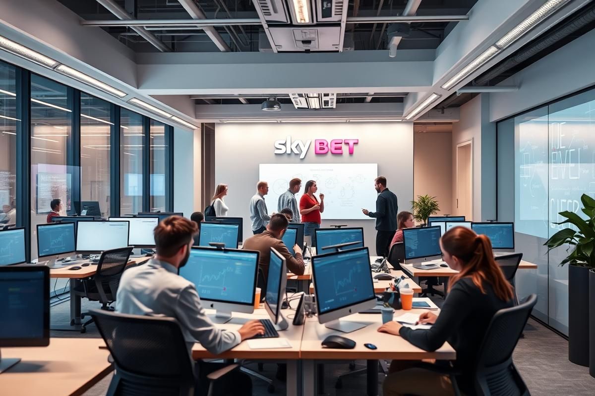 Tech professionals working collaboratively in a modern Sky Bet office, emphasizing innovation and teamwork.