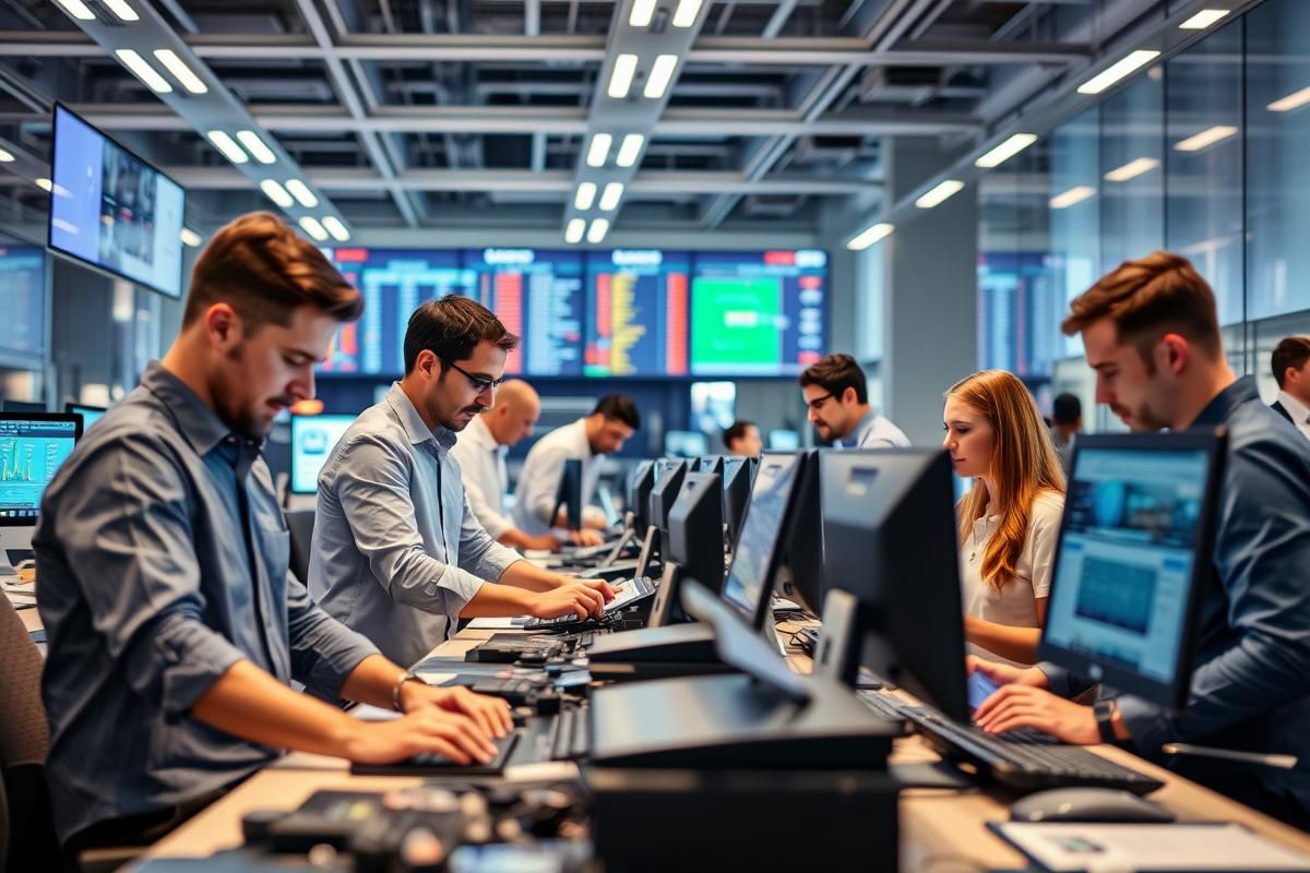 Technology team working on advanced iGaming solutions for lottery and sports betting in a modern digital office.