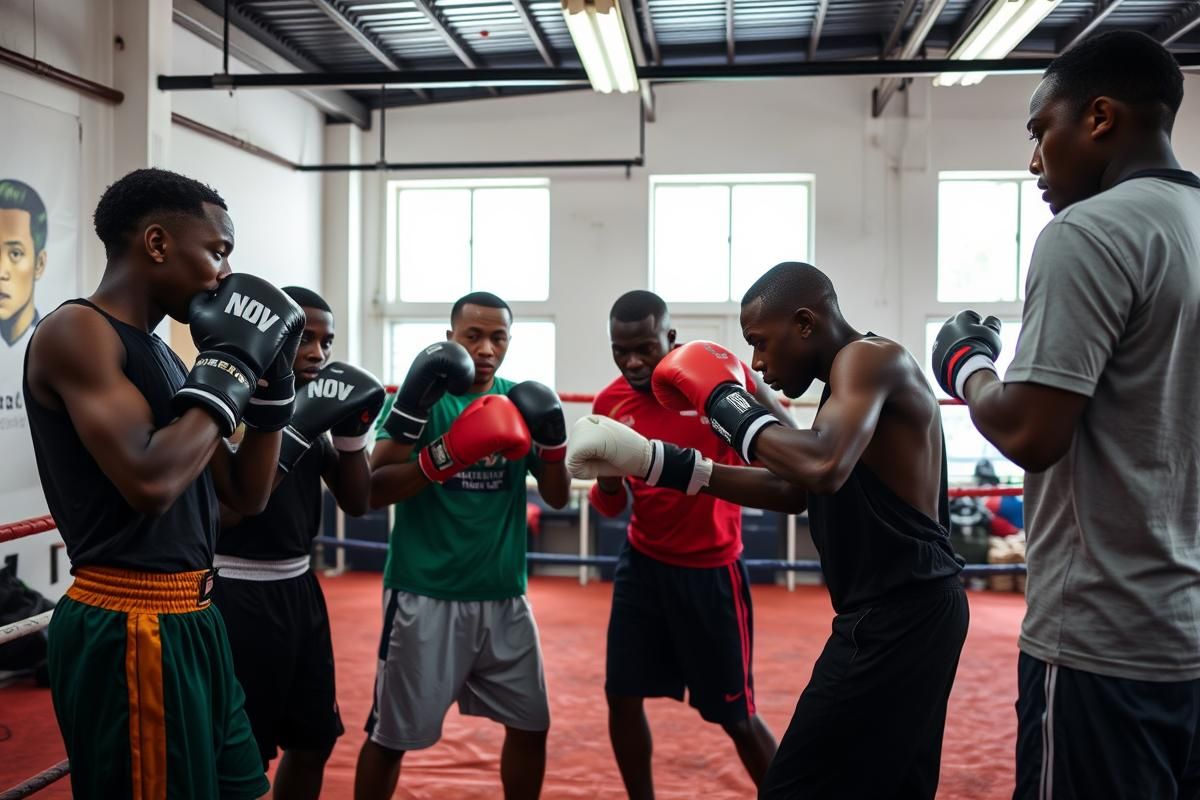 Young Nigerian boxers training in a modern gym with a coach, symbolizing grassroots boxing development.