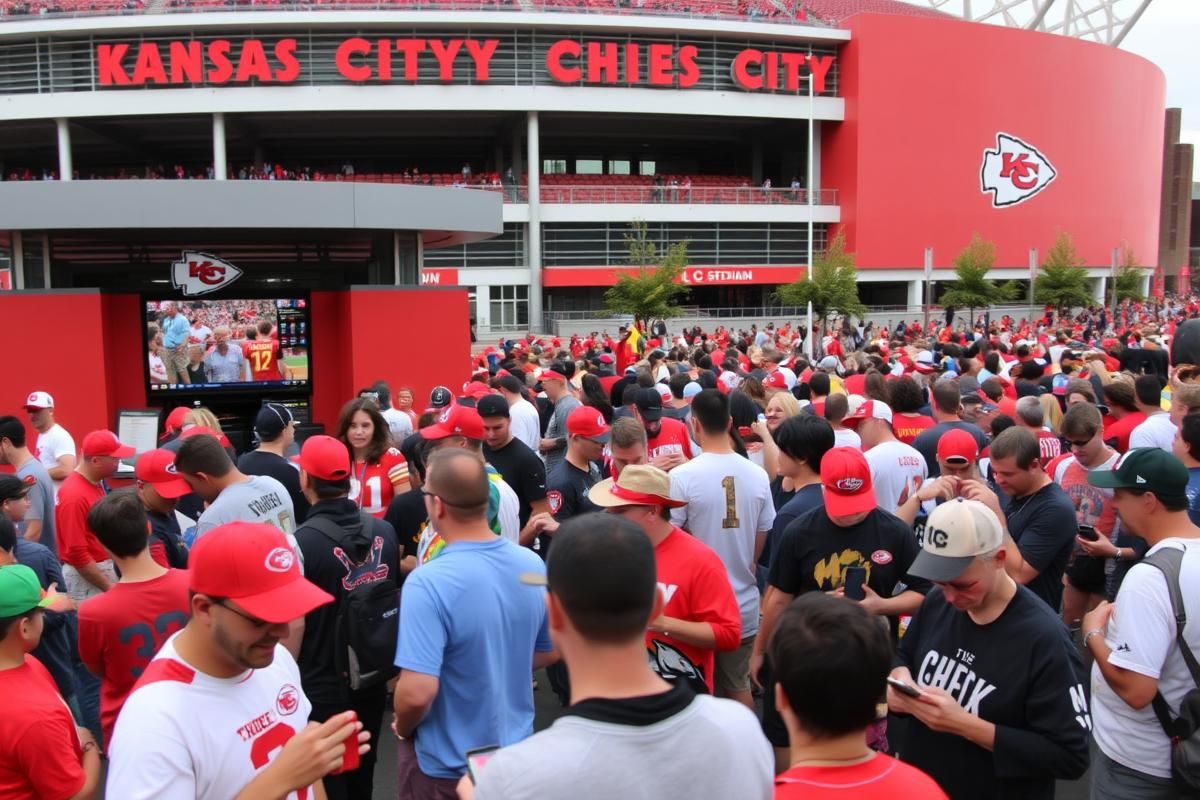Excited fans at a Kansas City Chiefs stadium using mobile devices for sports betting.