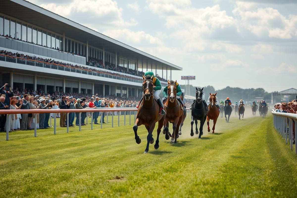 Horses racing towards the finish line at a UK track with cheering spectators.
