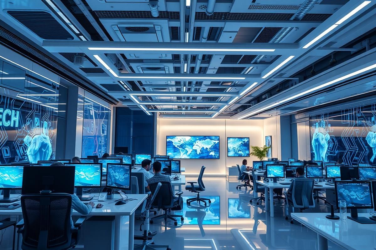 Interior of Ceuta Tech Hub with professionals working on computers in a modern workspace, highlighting innovation and technology focus.
