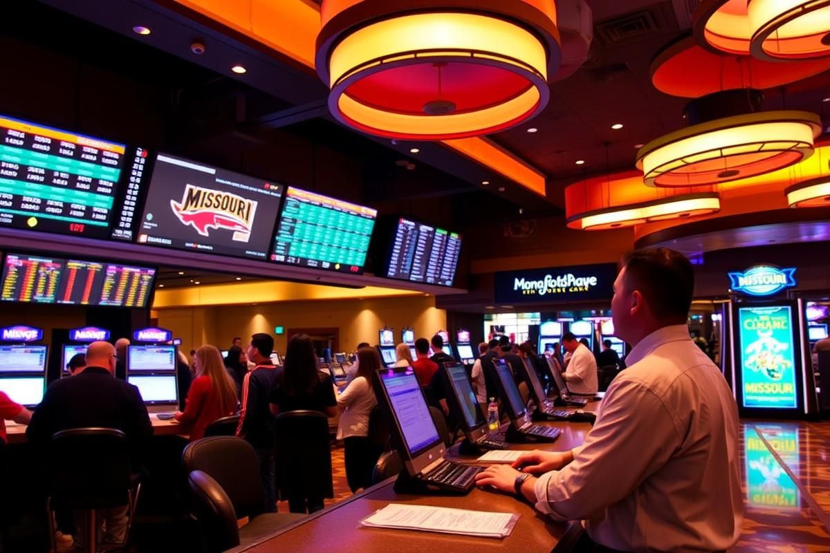 Modern sportsbook counter inside a Missouri casino with LED boards and patrons engaging with staff.